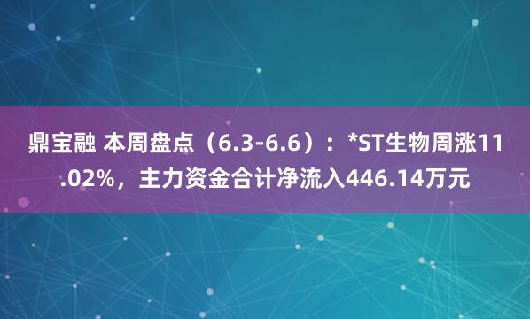 鼎宝融 本周盘点（6.3-6.6）：*ST生物周涨11.02%，主力资金合计净流入446.14万元